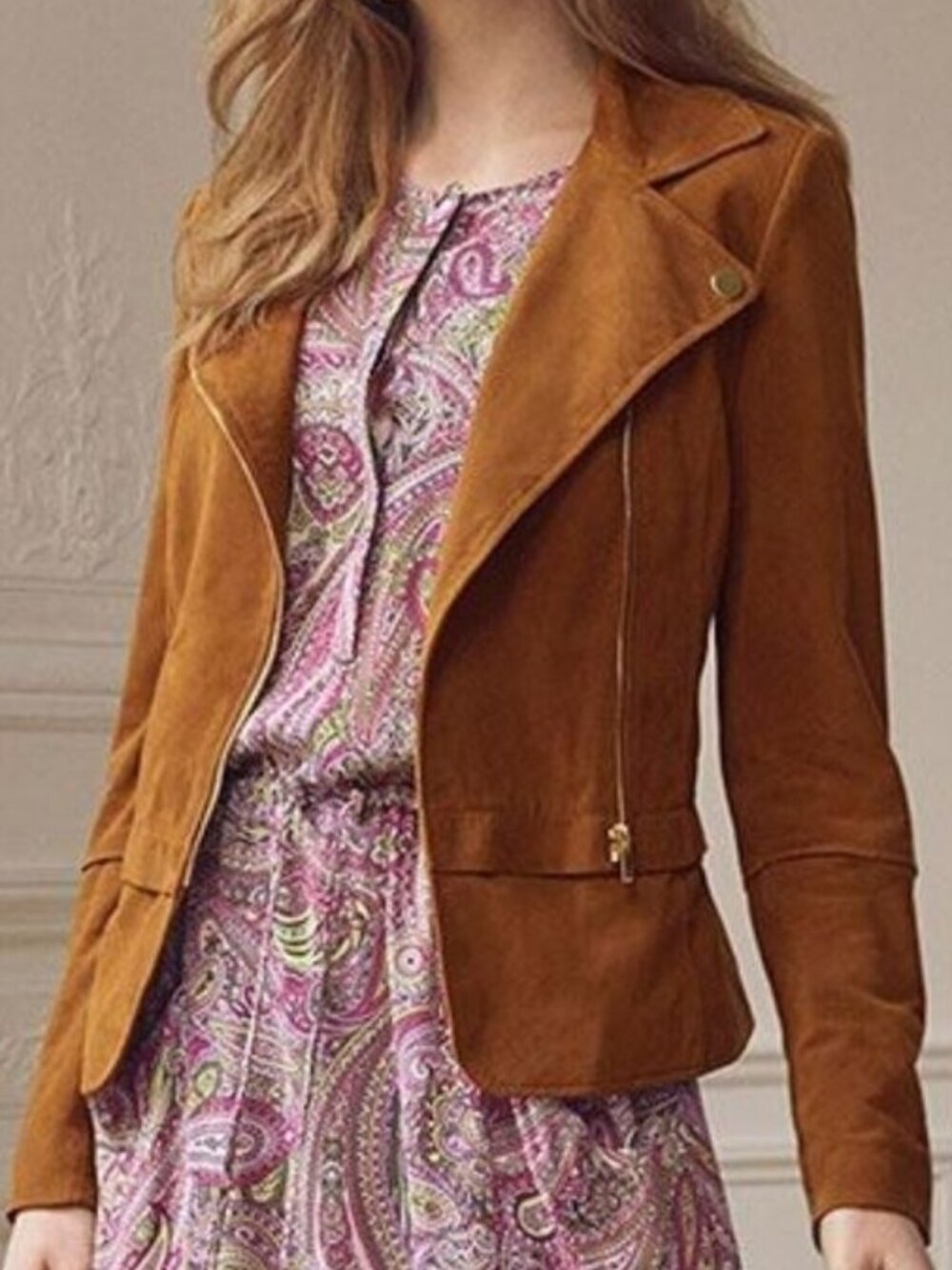 Etcetera Suede Asymmetrical Moto Jacket - Tan - EUC